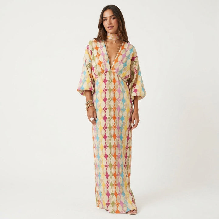 Multicolour Print Balloon Sleeve Maxi Dress