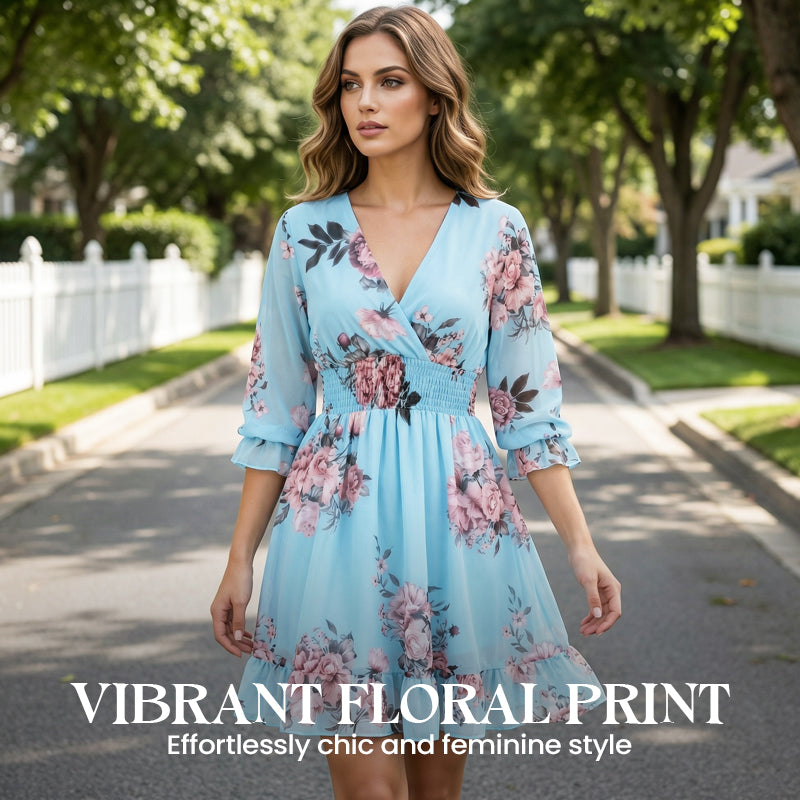 Short Women's Fluid Floral V-Neck Dress for a Light and Elegant Summer Style