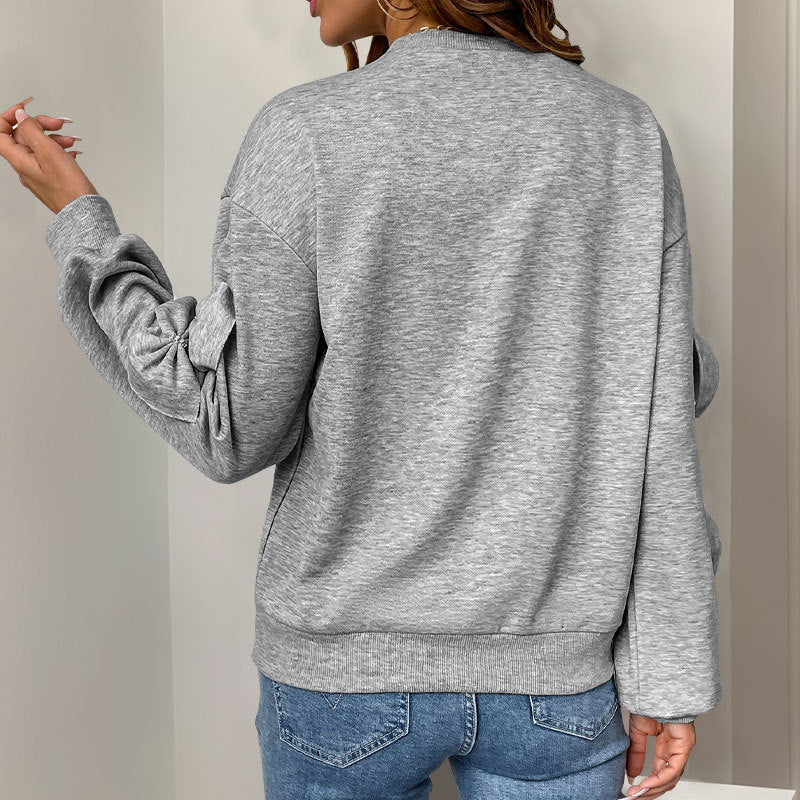 Women's Soft Knotted Sweater – Casual Gray Round Neck Sweatshirt