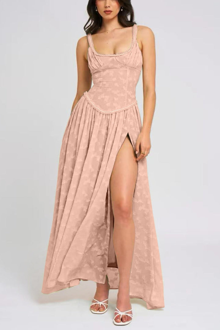 Ulissa- Soft Green Jacquard High Slit Square Neck Maxi Dress