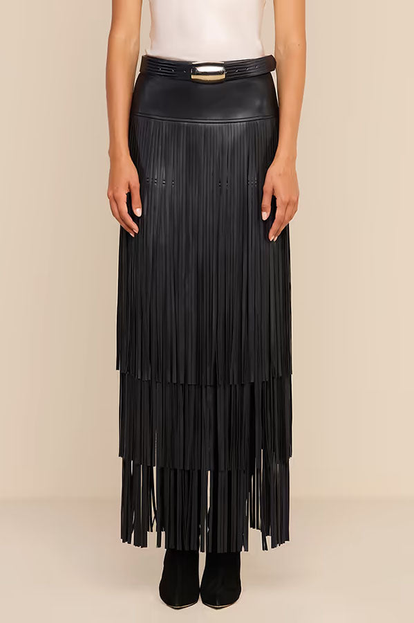 Evie Faux Leather High Rise Three-layer Tassels Stretch Maxi Skirt