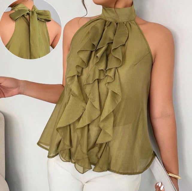 Plus Size Women's Halter Neck Top with Ruffled Hem