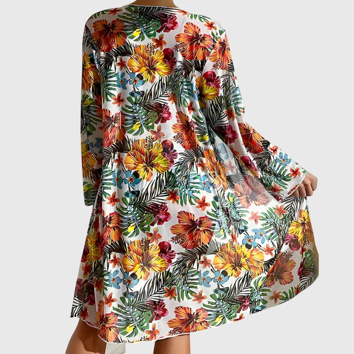 Three-Piece Women's Bikini Tropical Print Knotted Top Matching Kimono