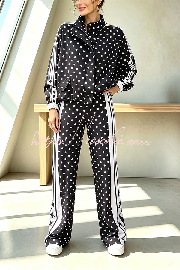Lucienne Polka Dot Striped Star Print Zipper High Neck Pocket Sporty Jacket
