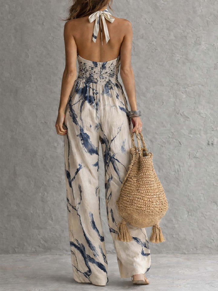 Faye - Halter Neck Ink Wash Print Wide Leg Jumpsuit With Pockets
