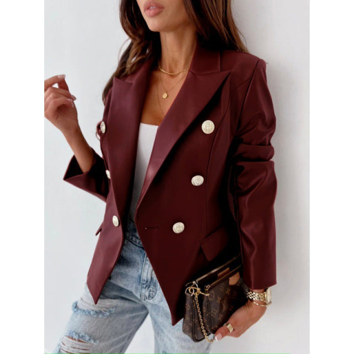 Women's Long Sleeve Double-Breasted Synthetic Leather Blazer – Chic, Elegant, Casual, and Dressy Style
