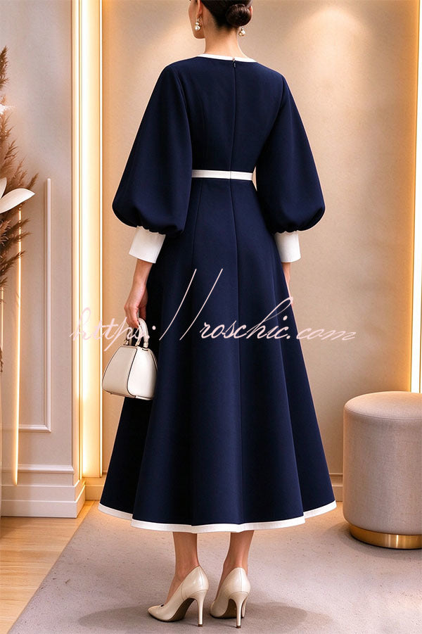 Elegant Color-block Lantern Sleeve Cinched Waist Pocketed Mid Dress