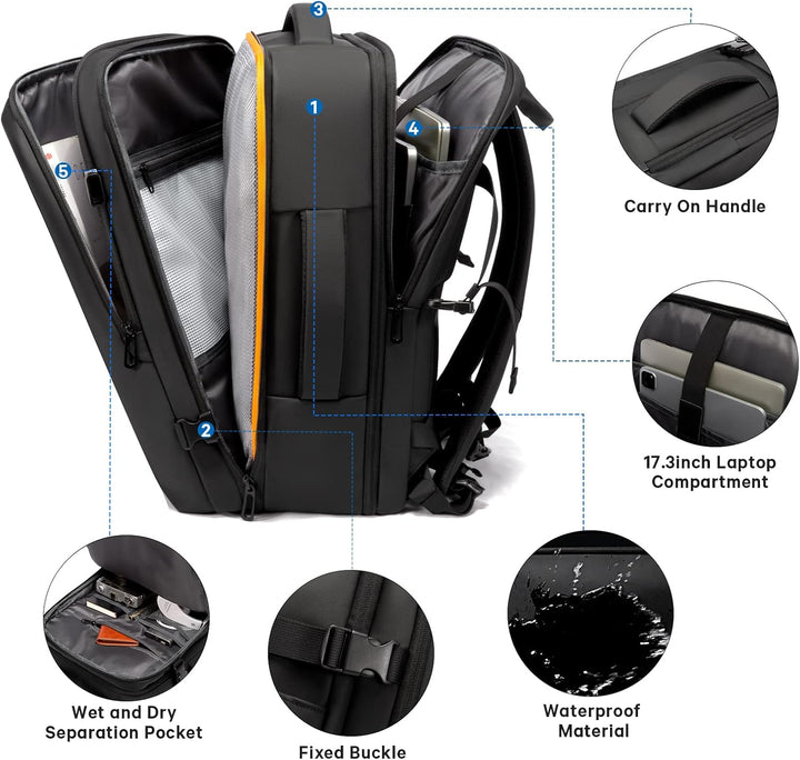 Unisex Expandable Travel Backpack - Waterproof 26-45L with Laptop Sleeve
