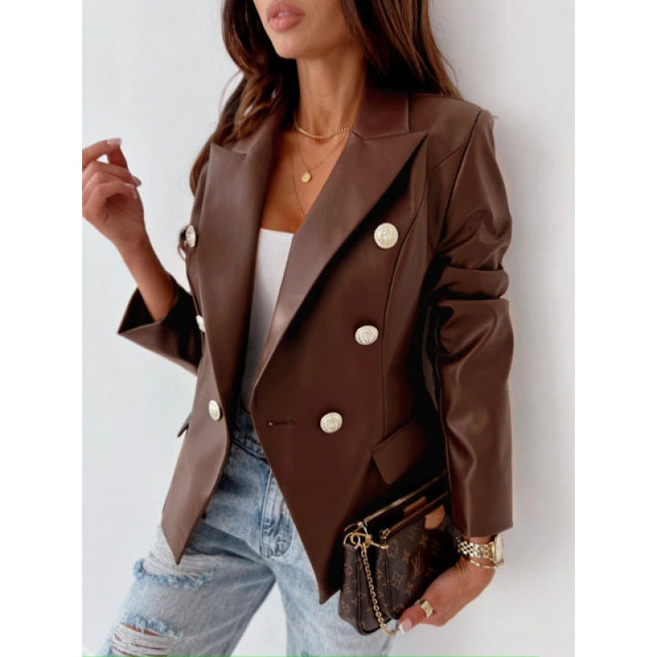 Women's Long Sleeve Double-Breasted Synthetic Leather Blazer – Chic, Elegant, Casual, and Dressy Style
