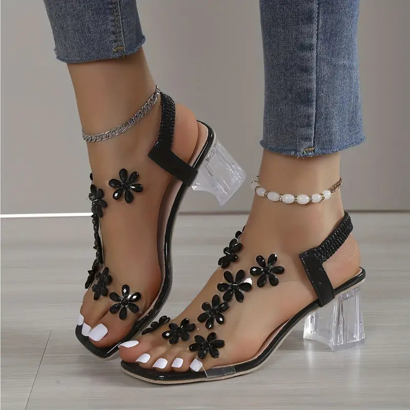 Graciela High Heeled Sandals with Floral Crystals, view 3 - Elena Harper