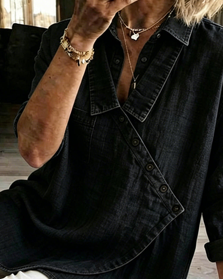 Loose Women's Blouse with Diagonal Buttons in Denim Style