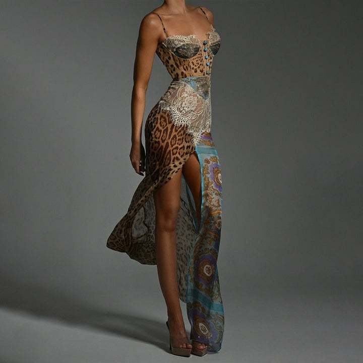 Asymmetrical Women's Dress in Lace and Printed Chiffon - Samira