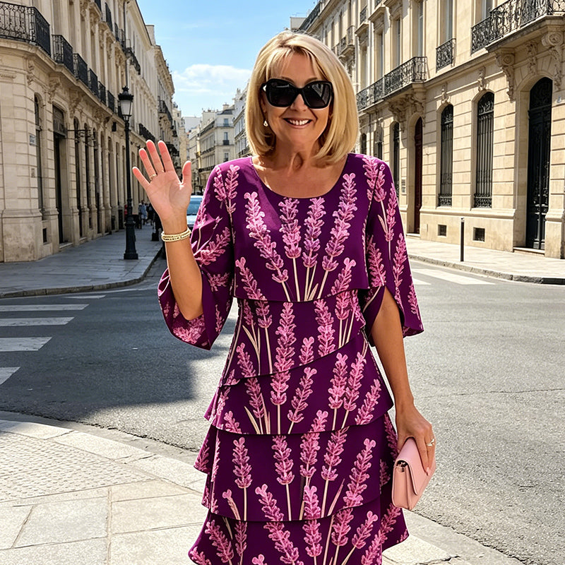 Mid-Length Women's Dress with Layered Ruffles and Split Sleeves in Lavender Print, view 2 - Elena Harper