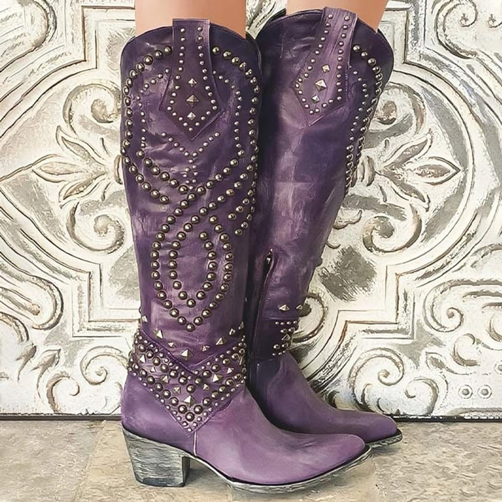 Eloise Striking Knee-High Western Boots with Studs and Block Heel, view 2 - Elena Harper