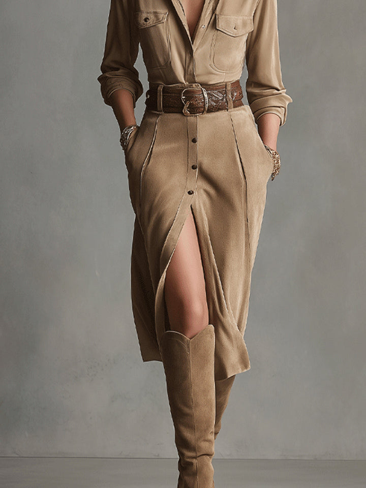 Women's Elegant Midi Dress - Versatile Long Sleeve Style
