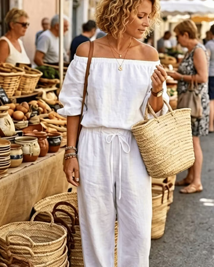 Women's Off-Shoulder Set with Flowing Pants