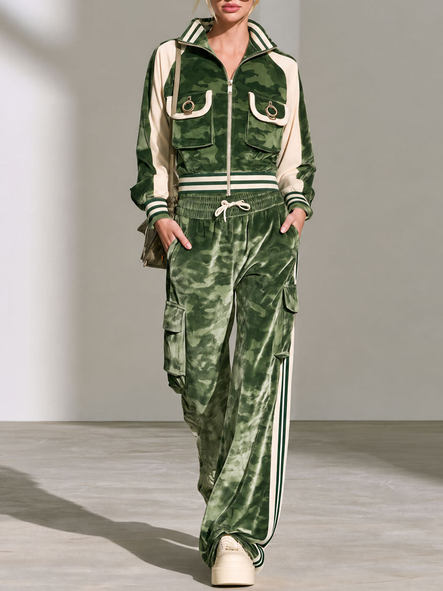 Stylish Retro Green Camouflage Velvet Print Jacket And Pants Set - Elena Harper