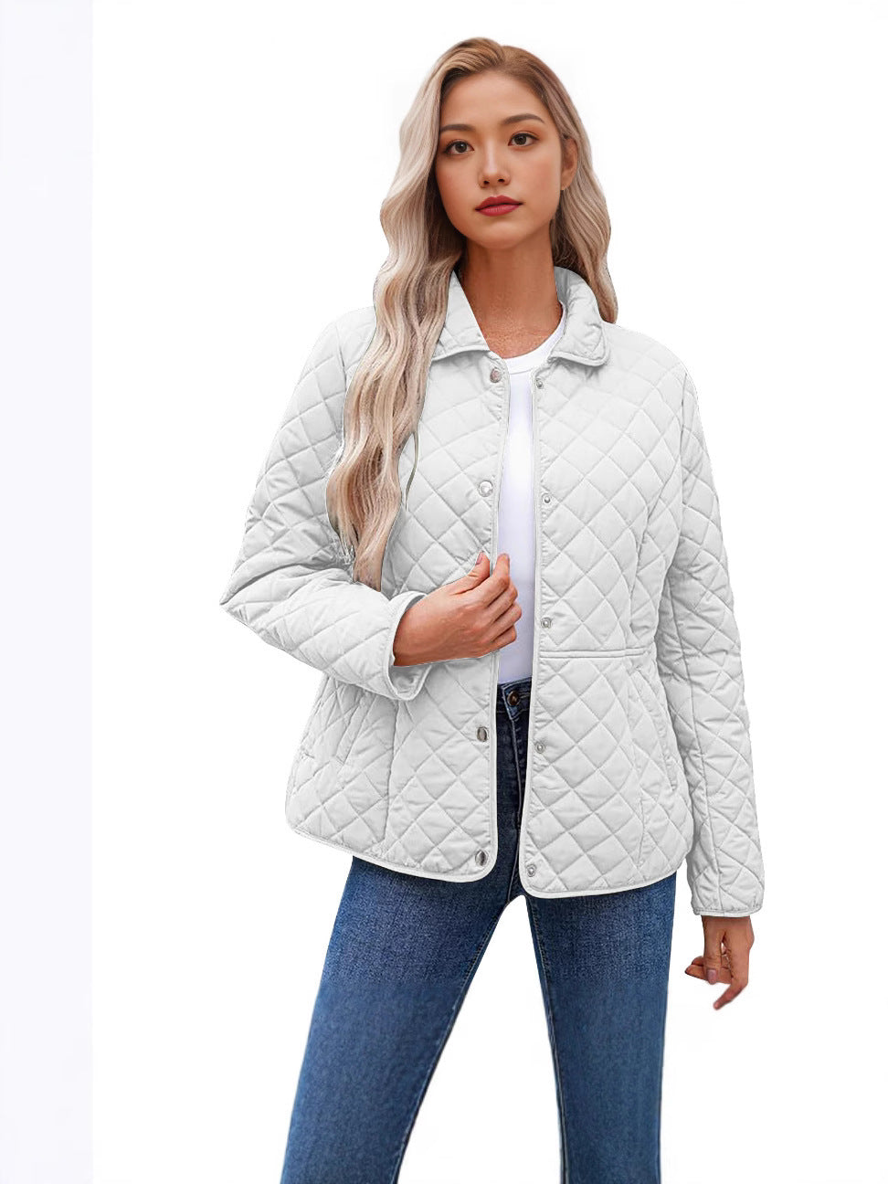 Women's Solid Quilted Jacket – Casual Style with Warm Notched Collar