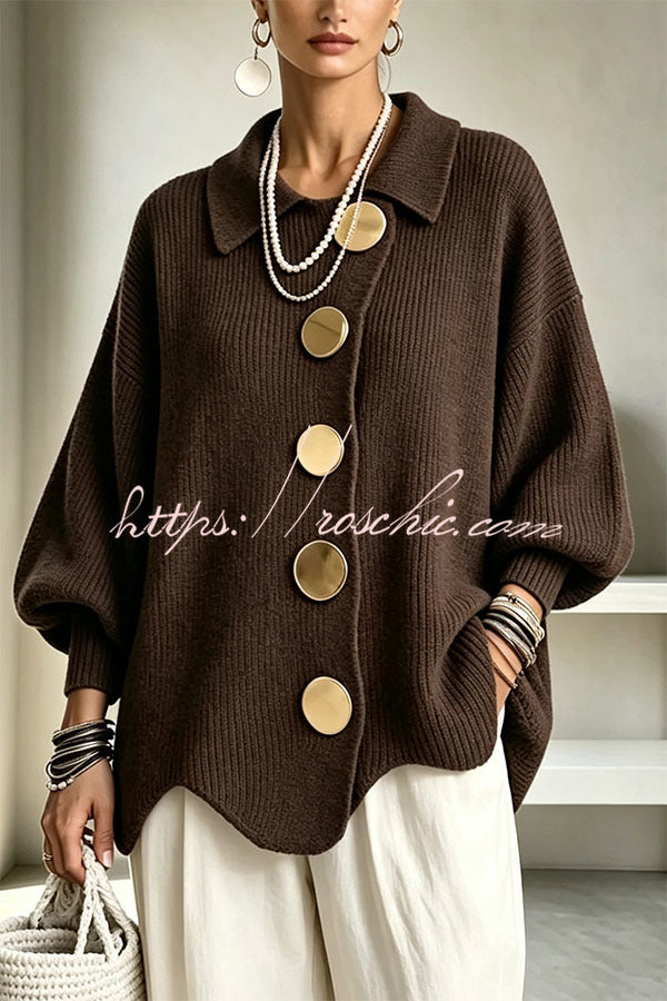 Shelia Knit Oversized Metal Buckle Balloon Sleeve Lapel Cardigan (Shipped Within 24 Hours), view 2 - Elena Harper