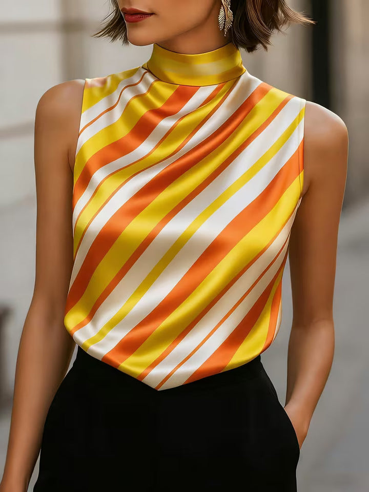 Alyza Sleeveless High Neck Striped Satin Top, view 3 - Elena Harper