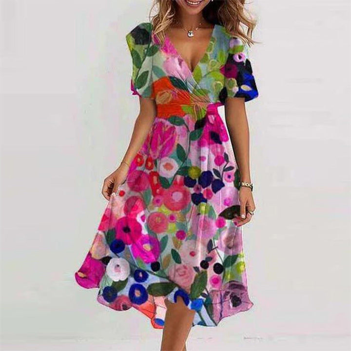 Women's Midi Floral Wrap Dress – A-Line Style with Short Sleeves