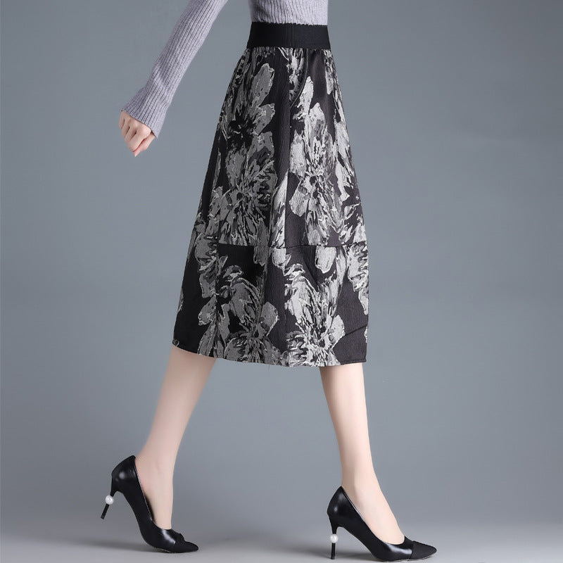 High-waisted A-line Jacquard Midi Skirt | Perfect for Autumn