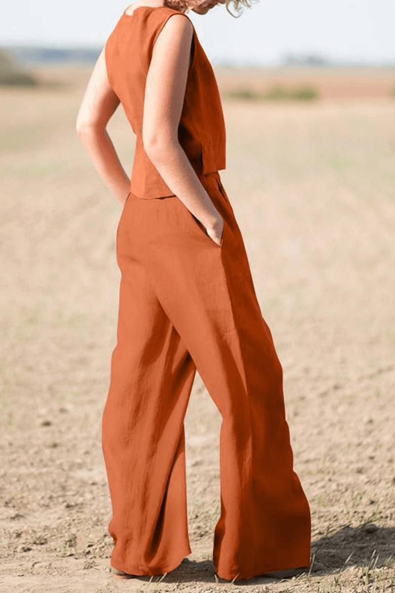 Women's Relaxed Fit Round Neck Top and Wide-Leg Pants Set