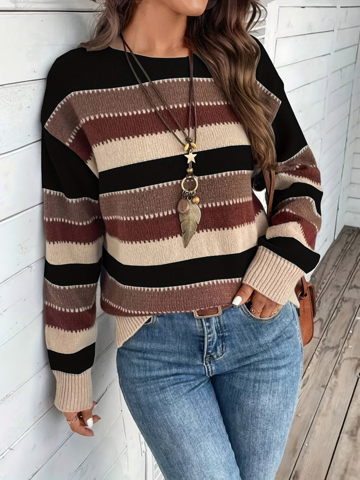 Women's Striped Knit Sweater with Round Neck