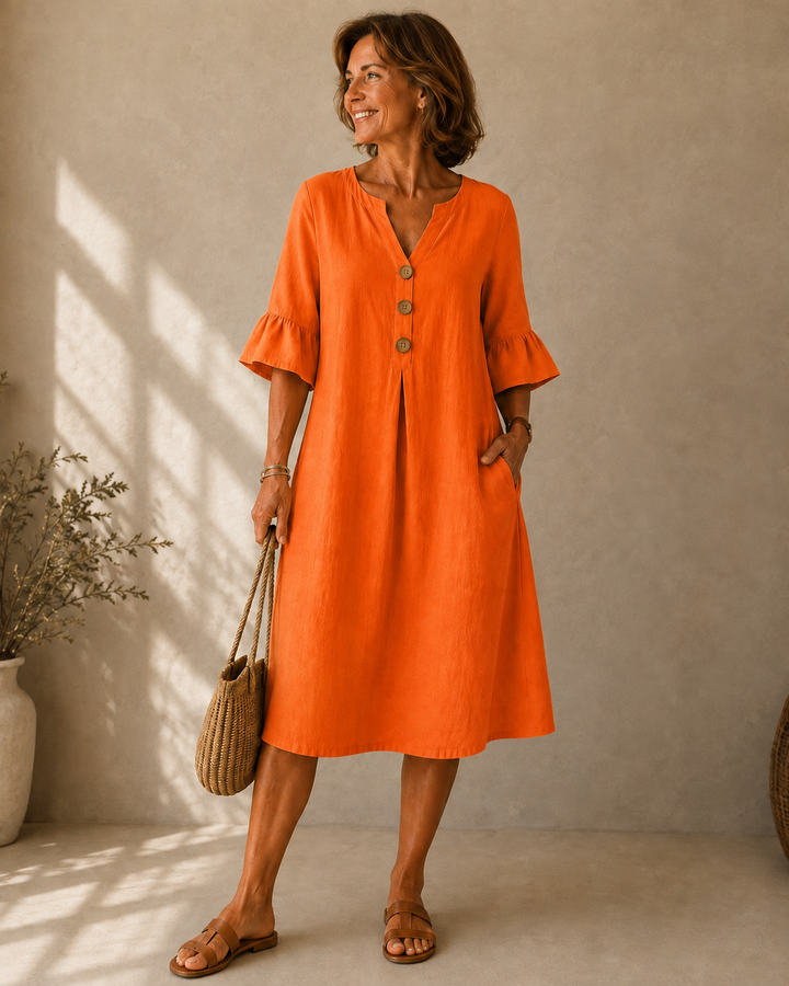 Corinne™ | Belly-Covering Midi Dress with Buttons