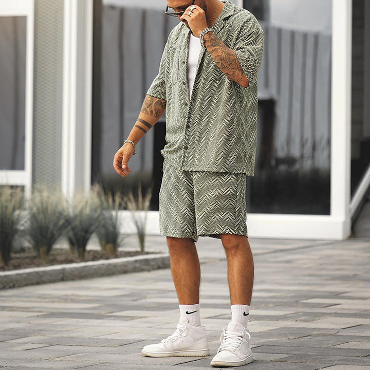 Men's Two-Piece Set with Shirt and Shorts – Gray Green