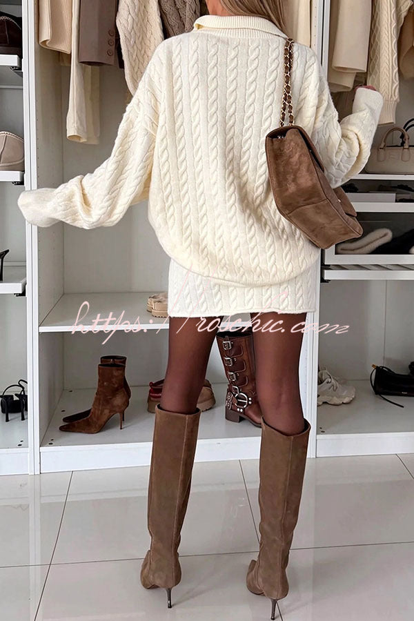 Tanya Cable Knit Button Lapel Loose Sweater and Elastic Waist Mini Skirt Set
