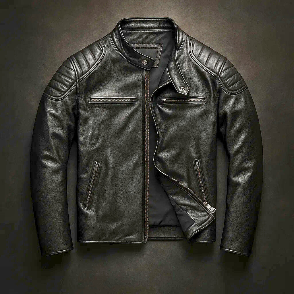 Men's Faux Leather Jacket with Reinforced Shoulders and Motorcycle Zip Details, view 2 - Elena Harper