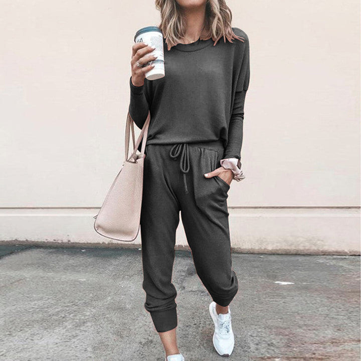 Casual Two-Piece Set for Women with Long Sleeves – Pullover Top and Drawstring Pants
