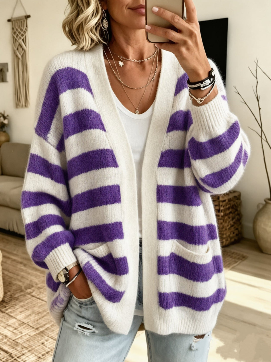 Striped women's cardigan with pockets - Comfortable and practical