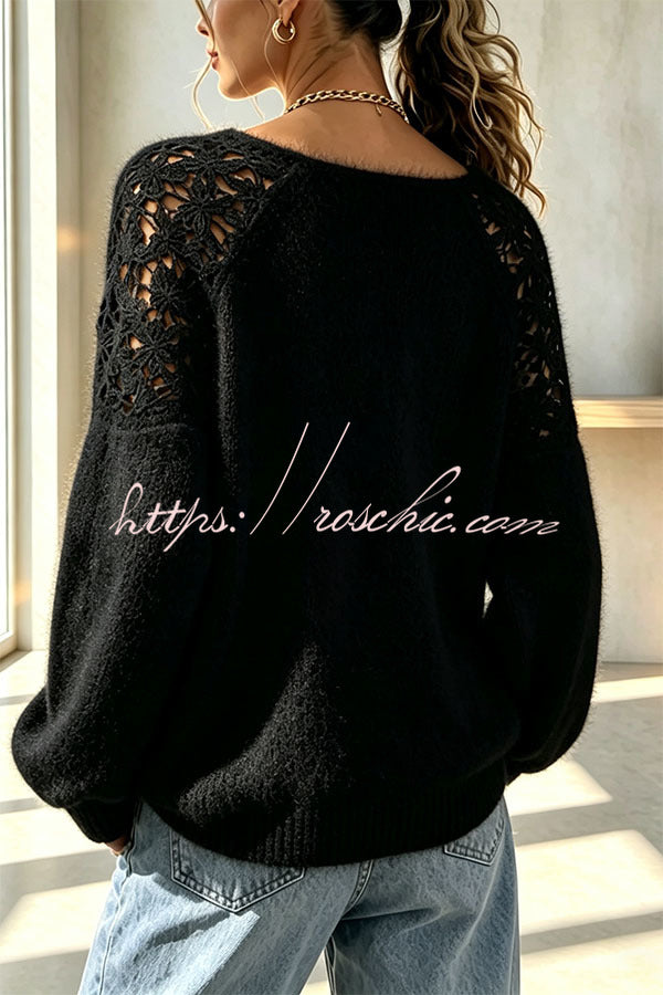 Faux Mink Knit Crochet Flowers Shoulder Wide Neck Long Sleeve Loose Sweater, view 9 - Elena Harper
