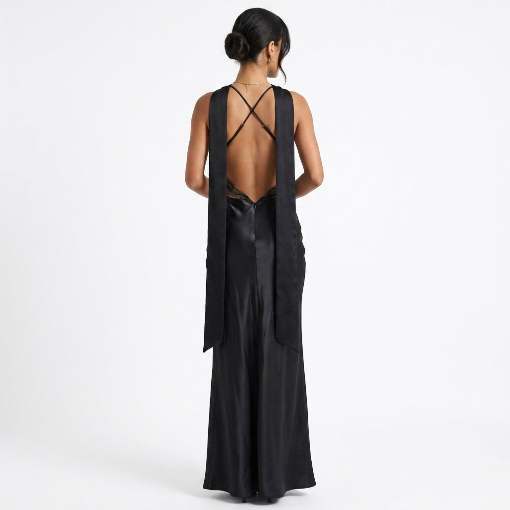 Black Cowl-Neck Wedding Guest Evening Dress