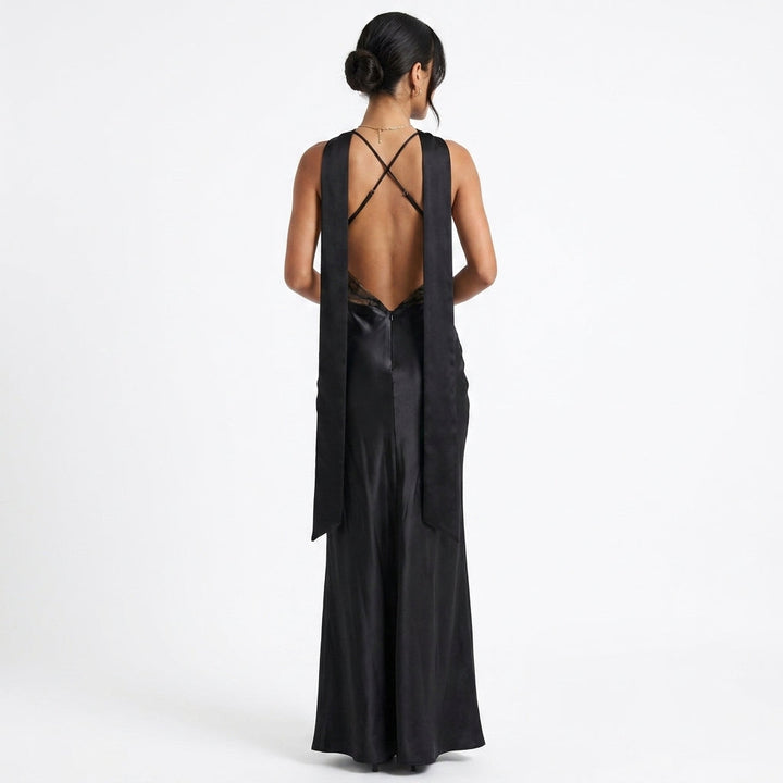 Black Cowl-Neck Wedding Guest Evening Dress