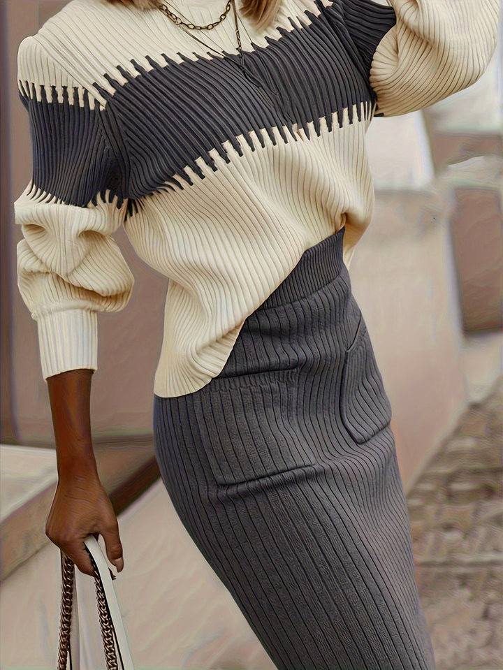 Set Regular Fit Ribbed Two-Piece Outfit Color Block Design Perfect for Comfortable Days - Elena Harper