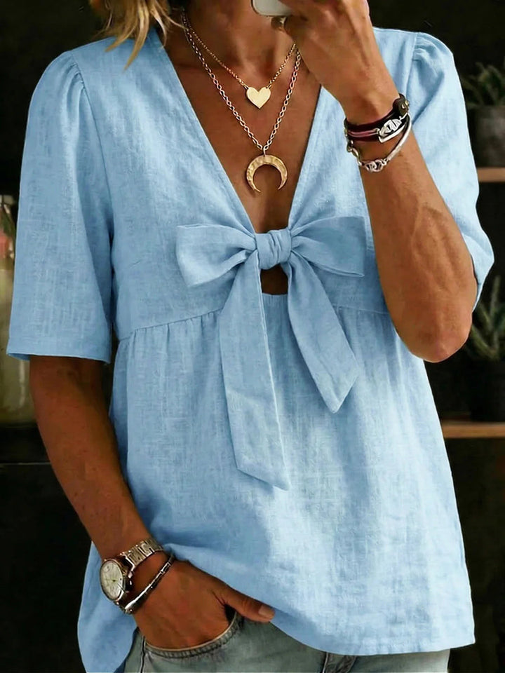 Women's Cotton and Linen Shirt with Knot and V-Neck