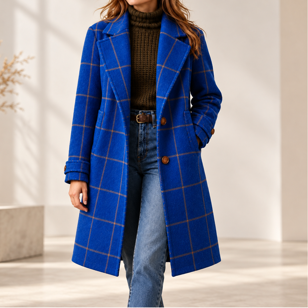 Checkwell Royal Blue Checkered Two-Button Coat - Elena Harper