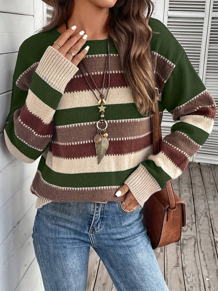 Women's Striped Knit Sweater with Round Neck