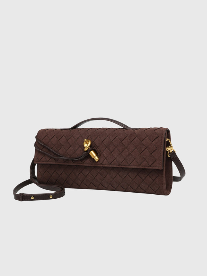 Cherry Luxury Suede Intrecciato Clutch, view 3 - Elena Harper