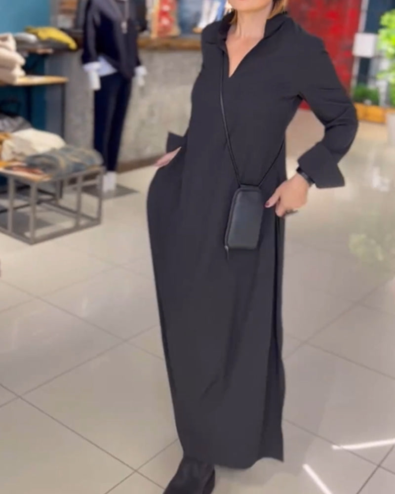 Long Soft Autumn Dress with Notched Collar and Side Slit