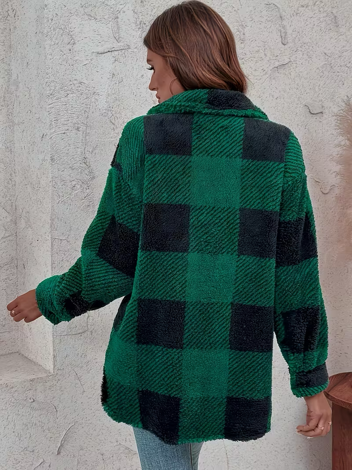 Women's Plaid Fleece Jacket with Buttons – Autumn Style