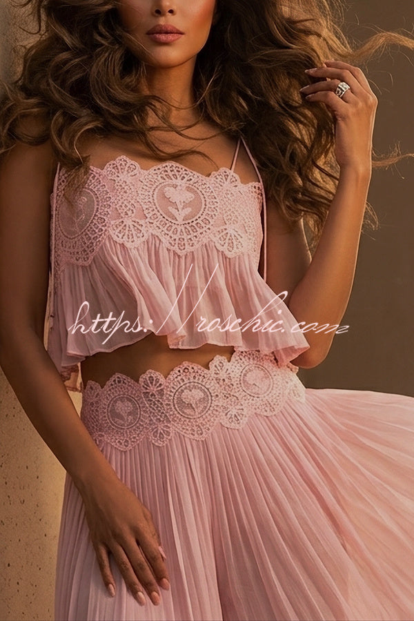 Dreamy Crinkle Chiffon Lace Trim Tank and High Rise Loose Lantern Pants Set