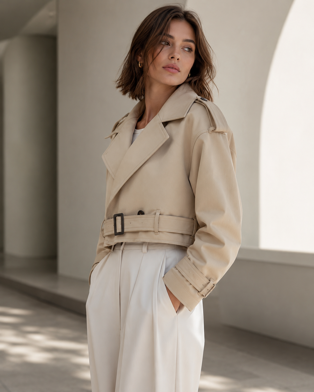 Women's Cropped Trench Coat – Beige Cotton, Lightweight Jacket for Spring and Autumn