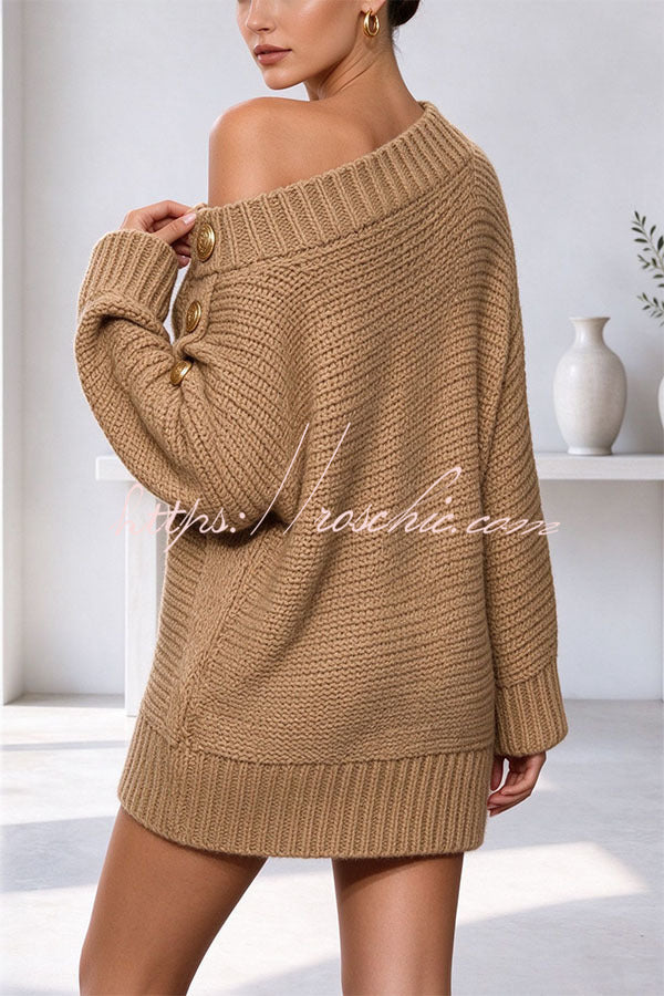 Ribbed Knit One Shoulder Button Detail Long Sleeve Relaxed Sweater Mini Dress