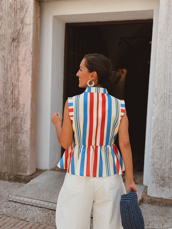 Red Blue White Stripe Mandarin Collar Vest Top