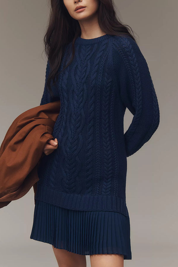 Delphine Knit Cable Textured Long Sleeve Pleated Chiffon Hem Sweater Mini Dress
