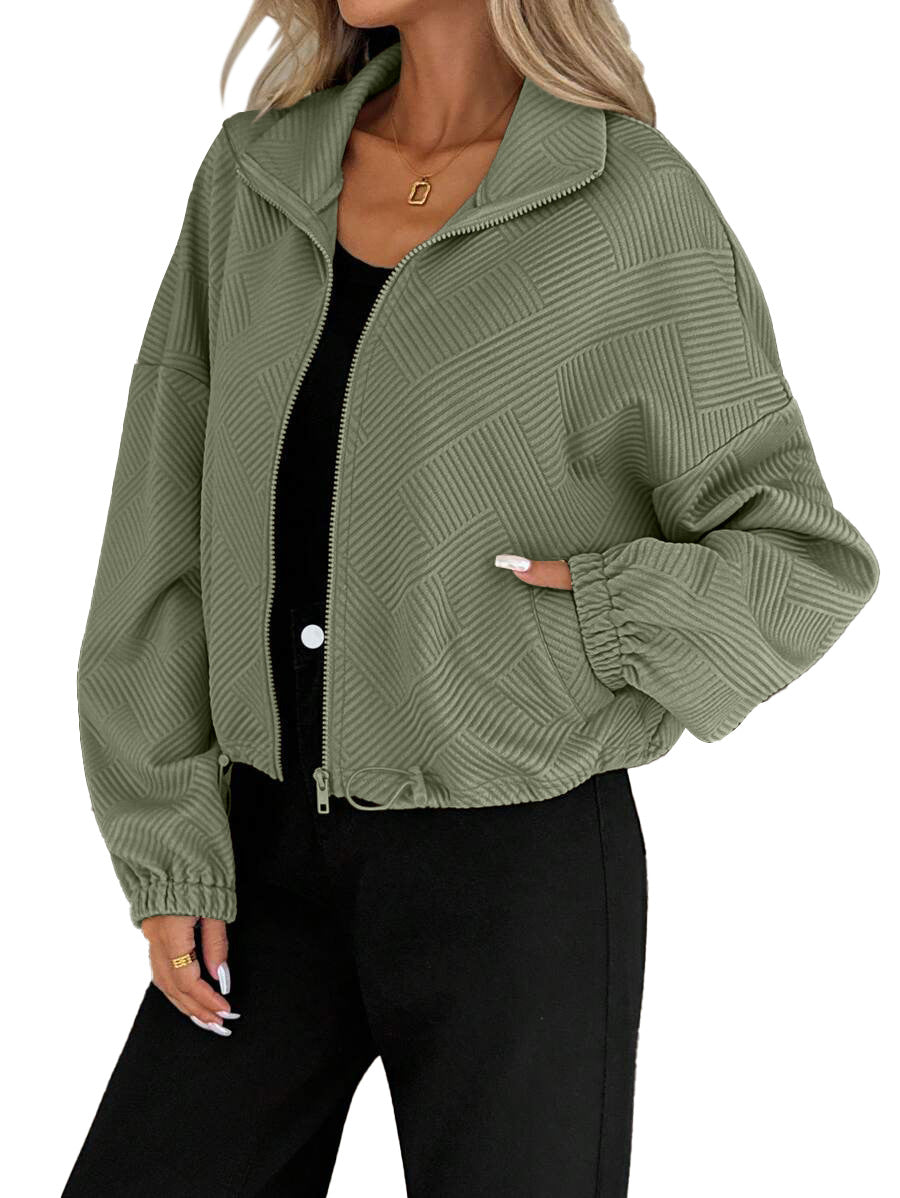Women's High Collar Zip Jacket – Loose Fit, Drawstring Hem, Casual Autumn-Winter Style